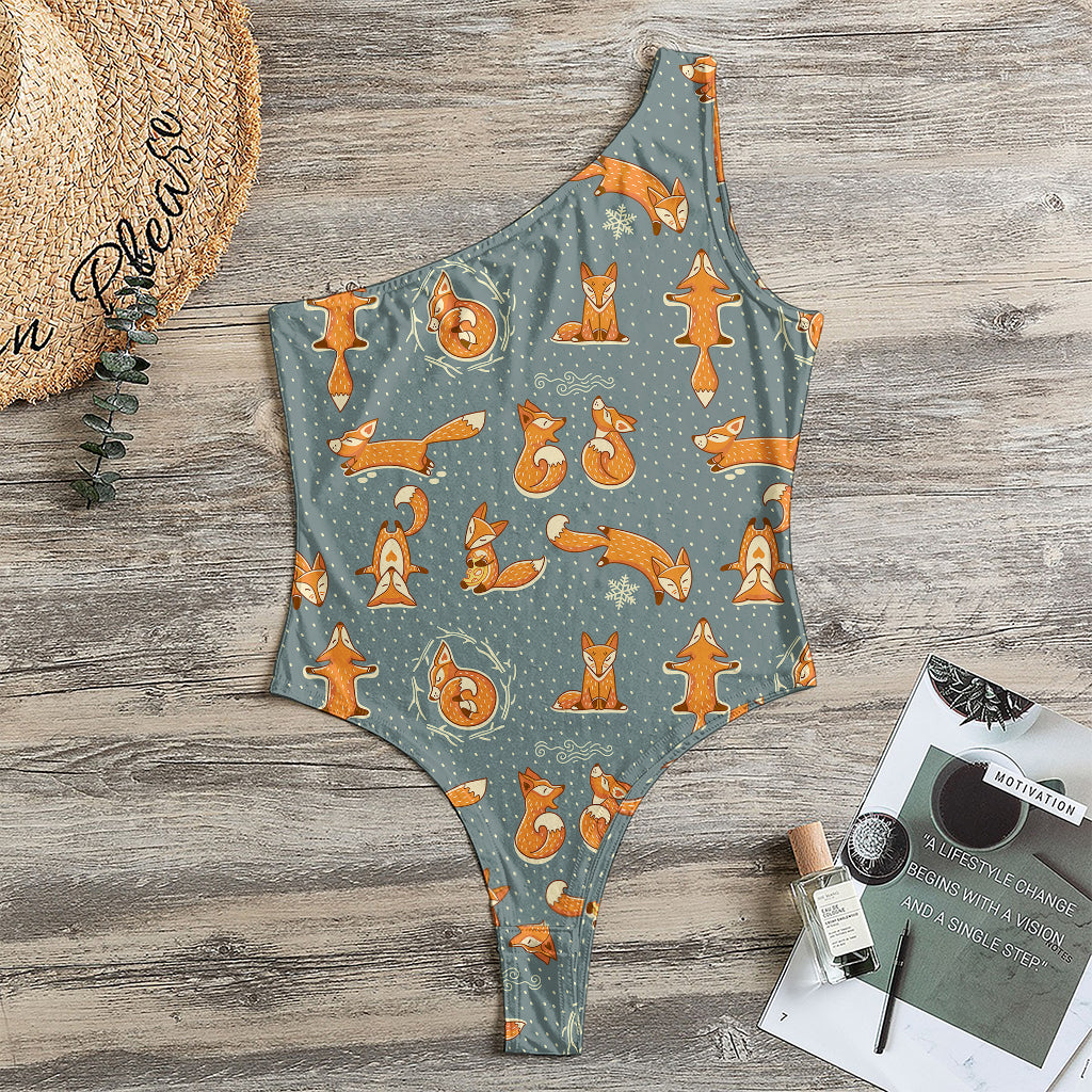 Christmas Fox Pattern Print One Shoulder Bodysuit