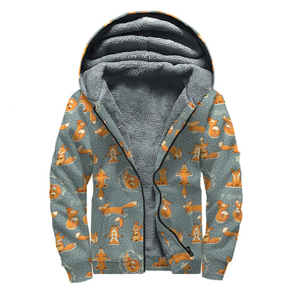 Christmas Fox Pattern Print Sherpa Lined Zip Up Hoodie