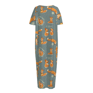 Christmas Fox Pattern Print Short Sleeve Long Nightdress