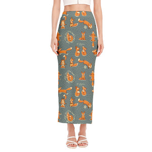 Christmas Fox Pattern Print Side Slit Maxi Skirt