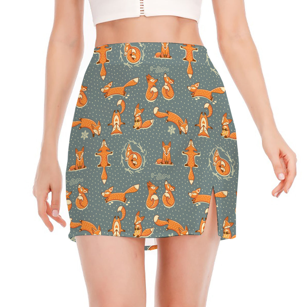 Christmas Fox Pattern Print Side Slit Mini Skirt