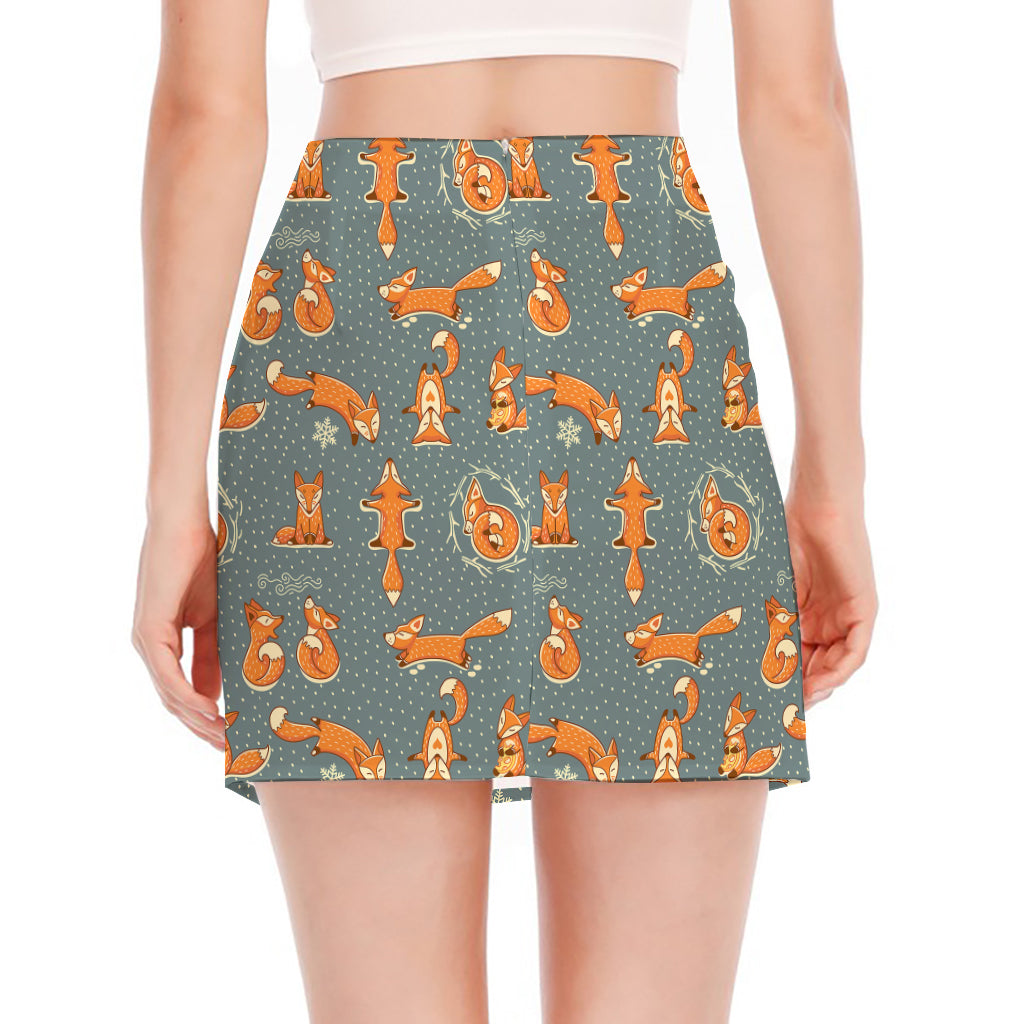 Christmas Fox Pattern Print Side Slit Mini Skirt