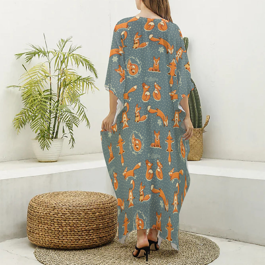 Christmas Fox Pattern Print Silk V-Neck Kaftan Dress