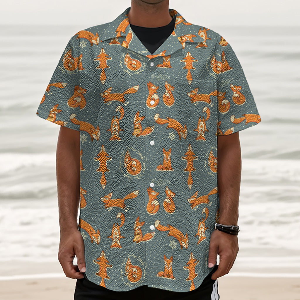 Christmas Fox Pattern Print Textured Short Sleeve Shirt