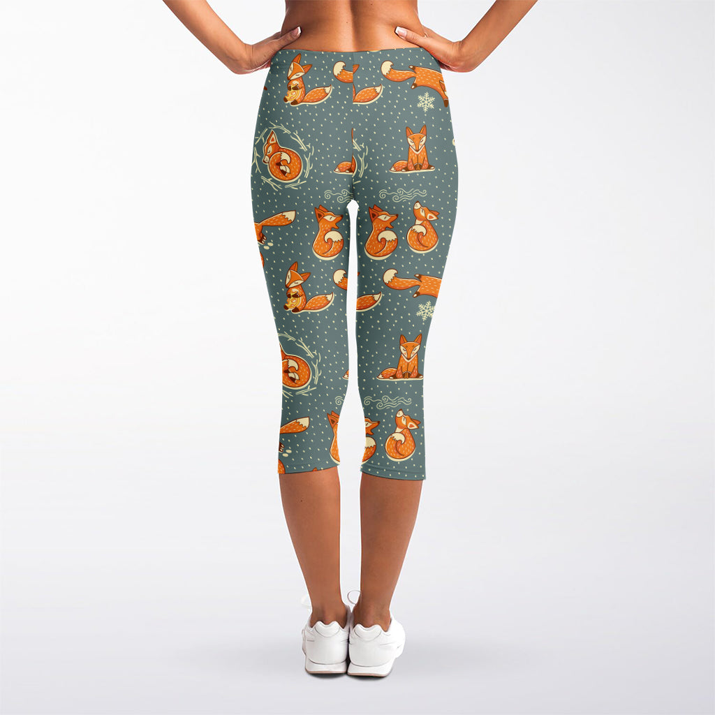 Christmas Fox Pattern Print Women's Capri Leggings