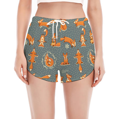 Christmas Fox Pattern Print Women's Split Running Shorts