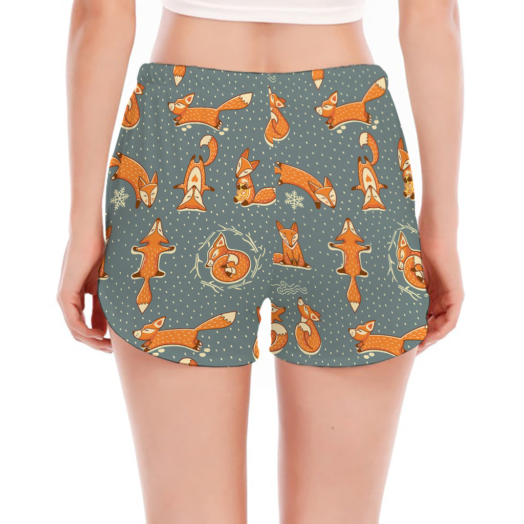 Christmas Fox Pattern Print Women's Split Running Shorts