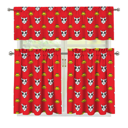 Christmas French Bulldog Santa Print 3 Piece Kitchen Curtains