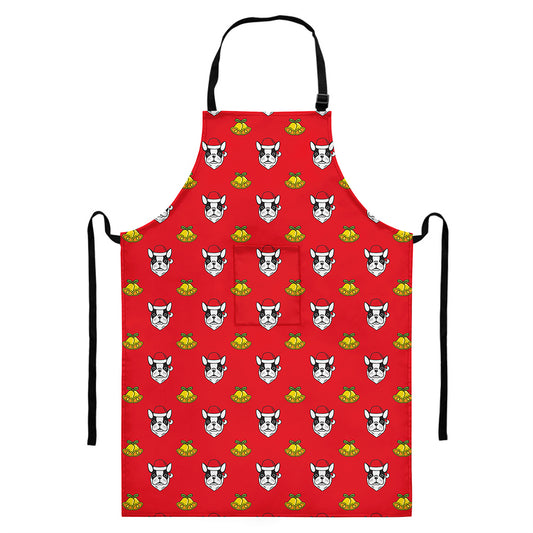 Christmas French Bulldog Santa Print Bib Apron With Pocket