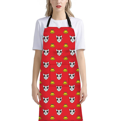 Christmas French Bulldog Santa Print Bib Apron With Pocket