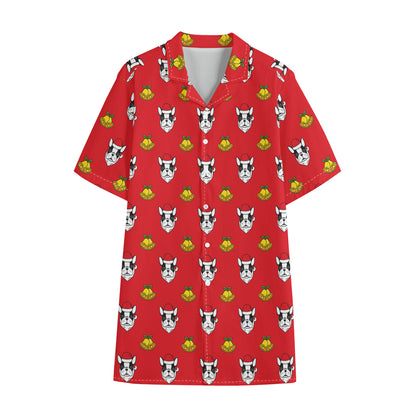 Christmas French Bulldog Santa Print Cotton Hawaiian Shirt