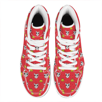 Christmas French Bulldog Santa Print High Top Leather Sneakers