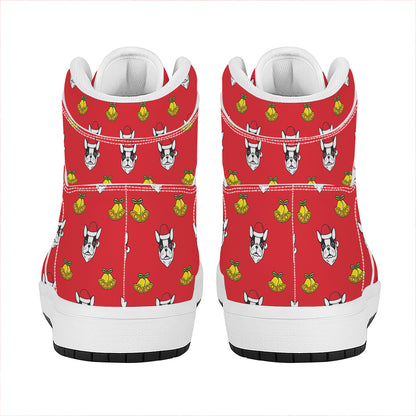 Christmas French Bulldog Santa Print High Top Leather Sneakers