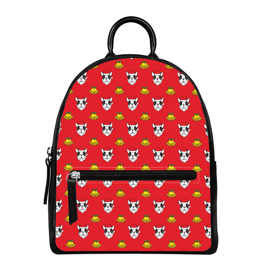 Christmas French Bulldog Santa Print Leather Backpack