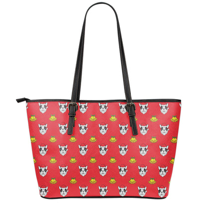 Christmas French Bulldog Santa Print Leather Tote Bag
