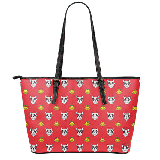 Christmas French Bulldog Santa Print Leather Tote Bag