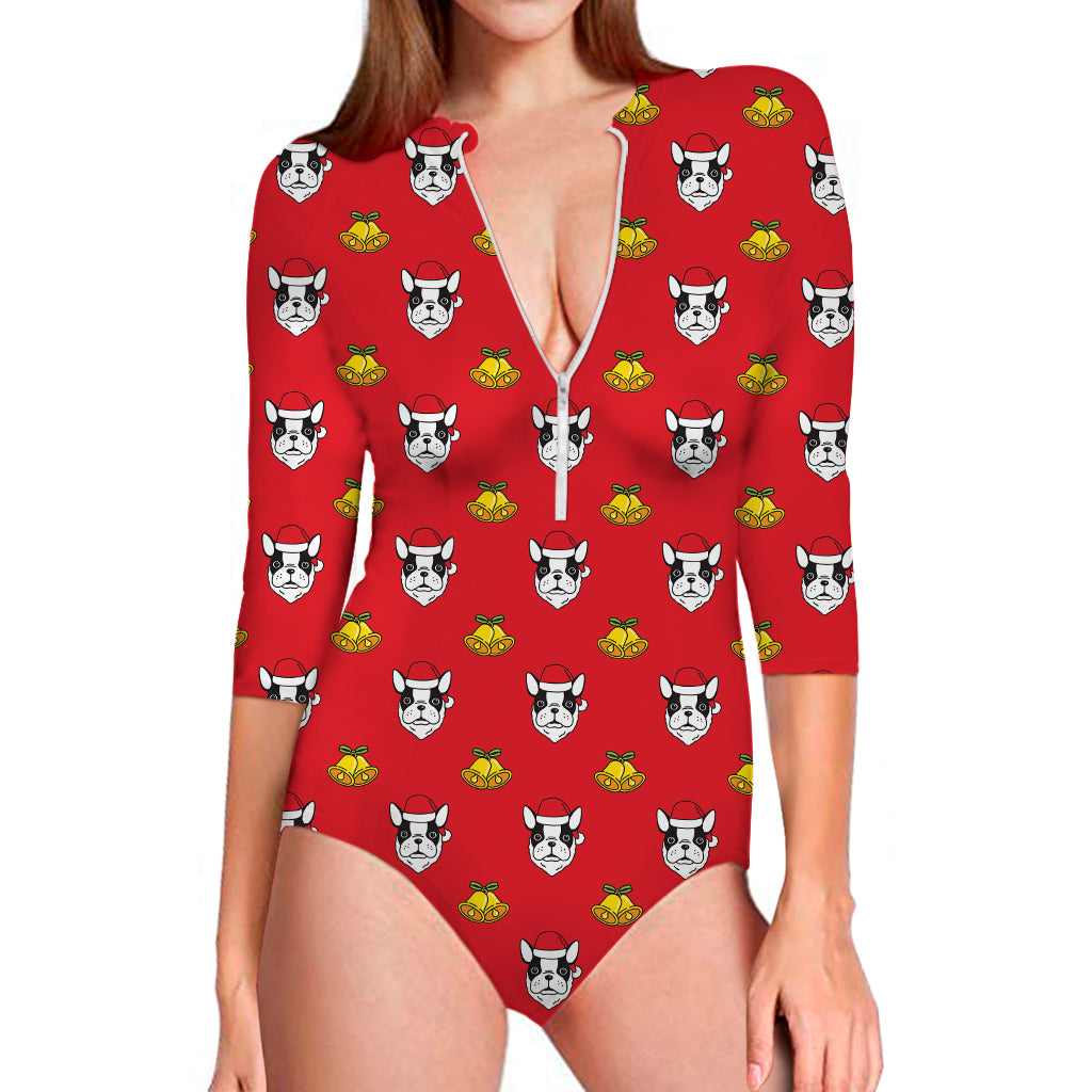 Christmas French Bulldog Santa Print Long Sleeve Swimsuit
