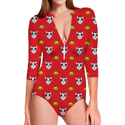 Christmas French Bulldog Santa Print Long Sleeve Swimsuit