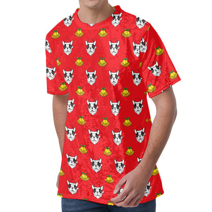 Christmas French Bulldog Santa Print Men's Velvet T-Shirt