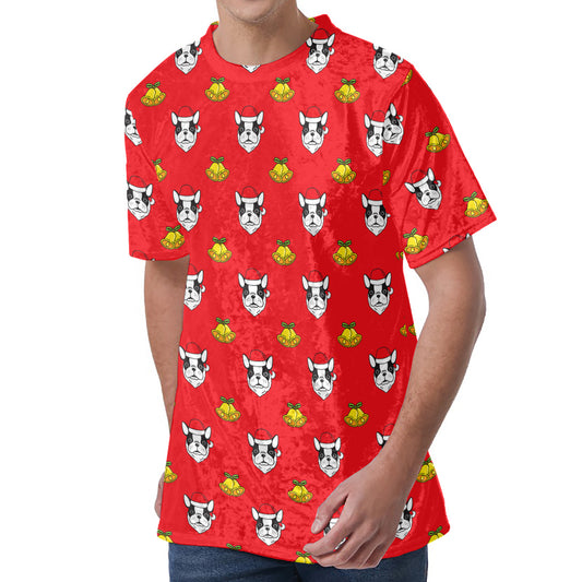 Christmas French Bulldog Santa Print Men's Velvet T-Shirt