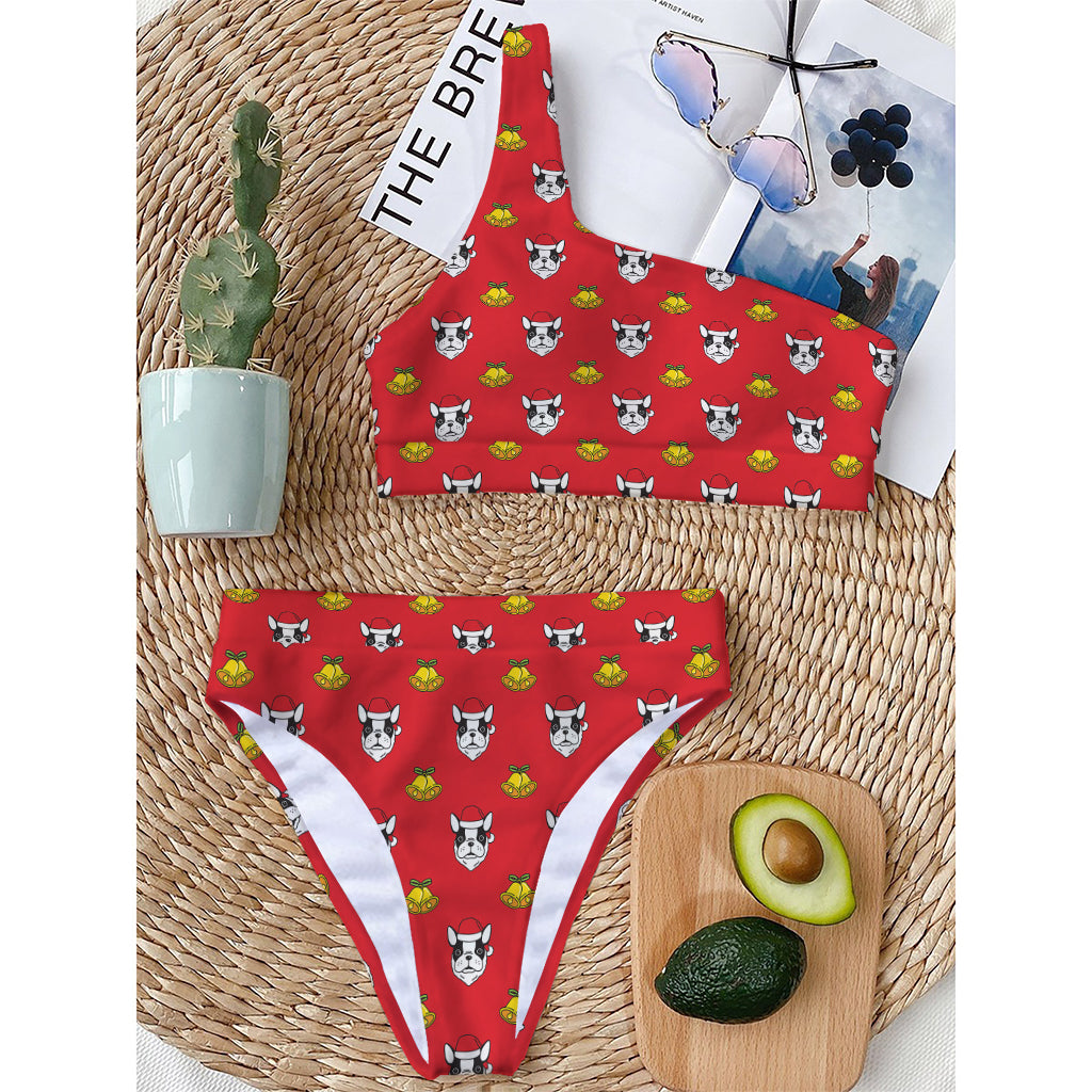 Christmas French Bulldog Santa Print One Shoulder Bikini Top