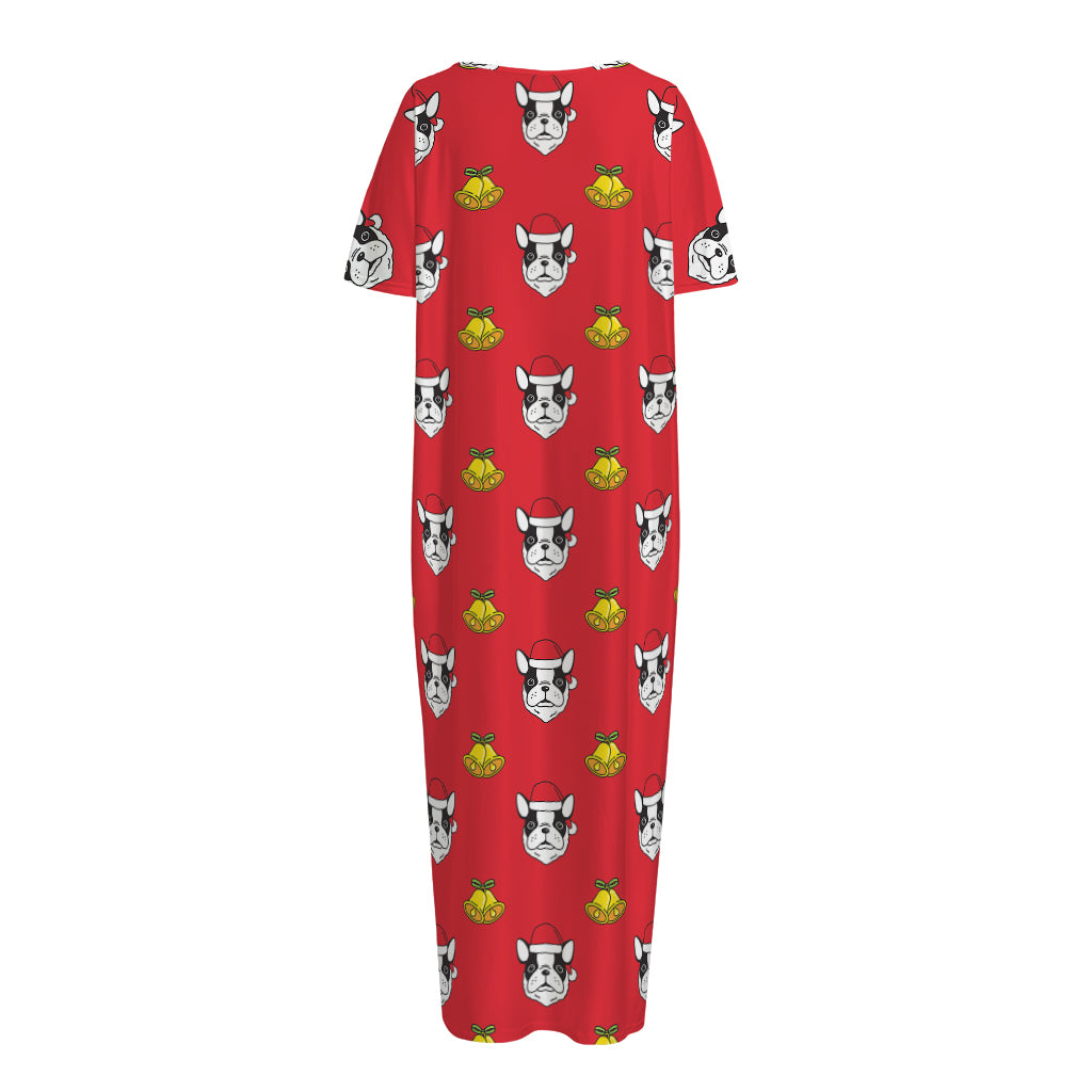 Christmas French Bulldog Santa Print Short Sleeve Long Nightdress