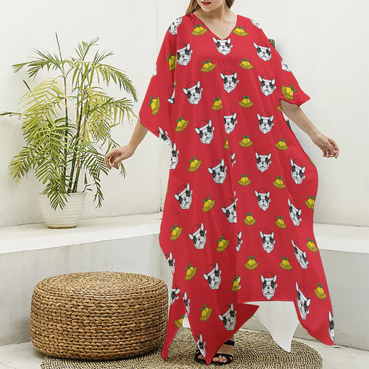 Christmas French Bulldog Santa Print Silk V-Neck Kaftan Dress