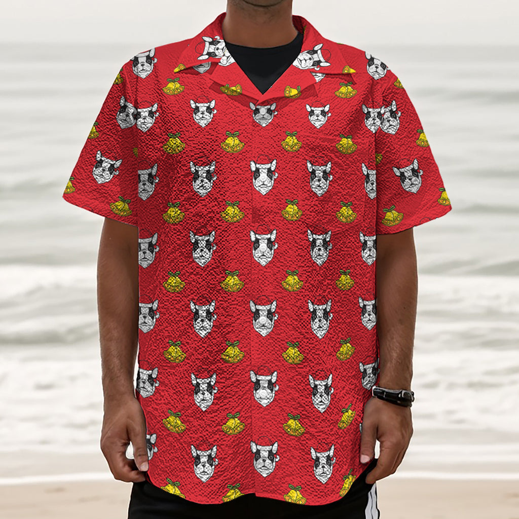 Christmas French Bulldog Santa Print Textured Short Sleeve Shirt