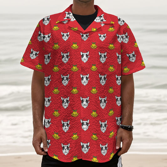 Christmas French Bulldog Santa Print Textured Short Sleeve Shirt