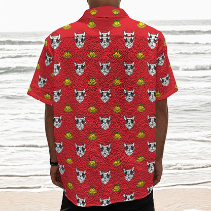 Christmas French Bulldog Santa Print Textured Short Sleeve Shirt