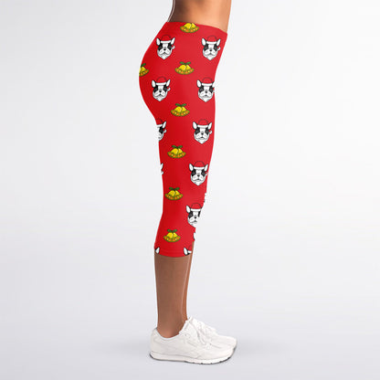 Christmas French Bulldog Santa Print Women's Capri Leggings