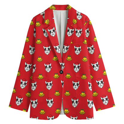 Christmas French Bulldog Santa Print Women's Cotton Blazer