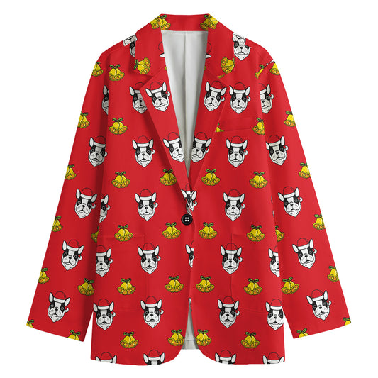 Christmas French Bulldog Santa Print Women's Cotton Blazer