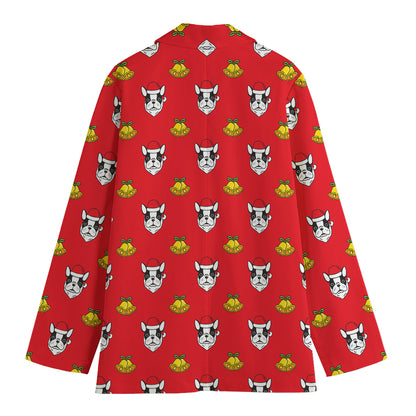 Christmas French Bulldog Santa Print Women's Cotton Blazer