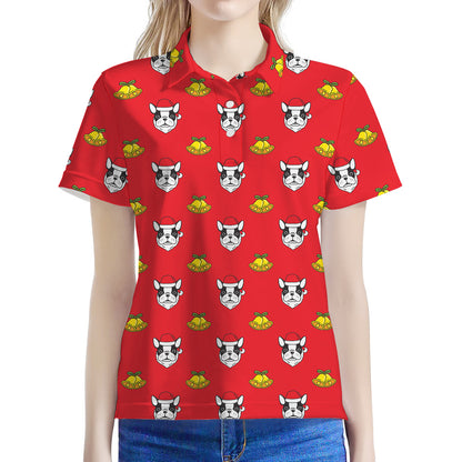 Christmas French Bulldog Santa Print Women's Polo Shirt