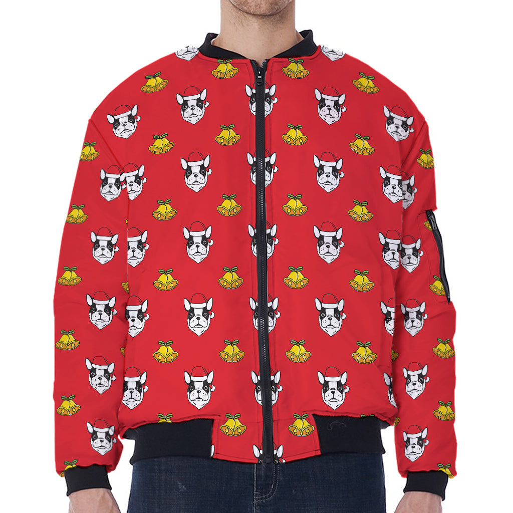 Christmas French Bulldog Santa Print Zip Sleeve Bomber Jacket