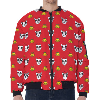 Christmas French Bulldog Santa Print Zip Sleeve Bomber Jacket