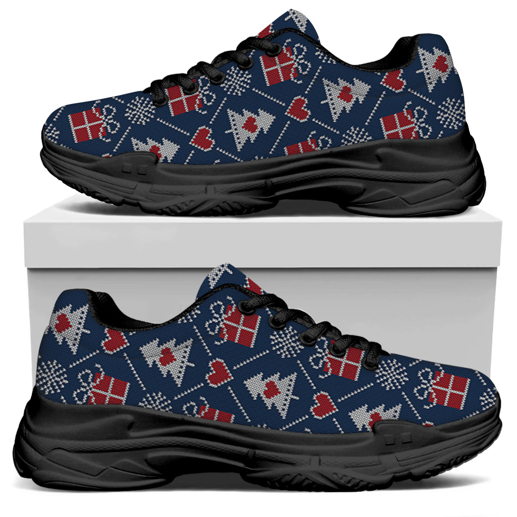 Christmas Gift Knitted Pattern Print Black Chunky Shoes