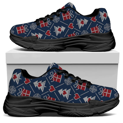 Christmas Gift Knitted Pattern Print Black Chunky Shoes