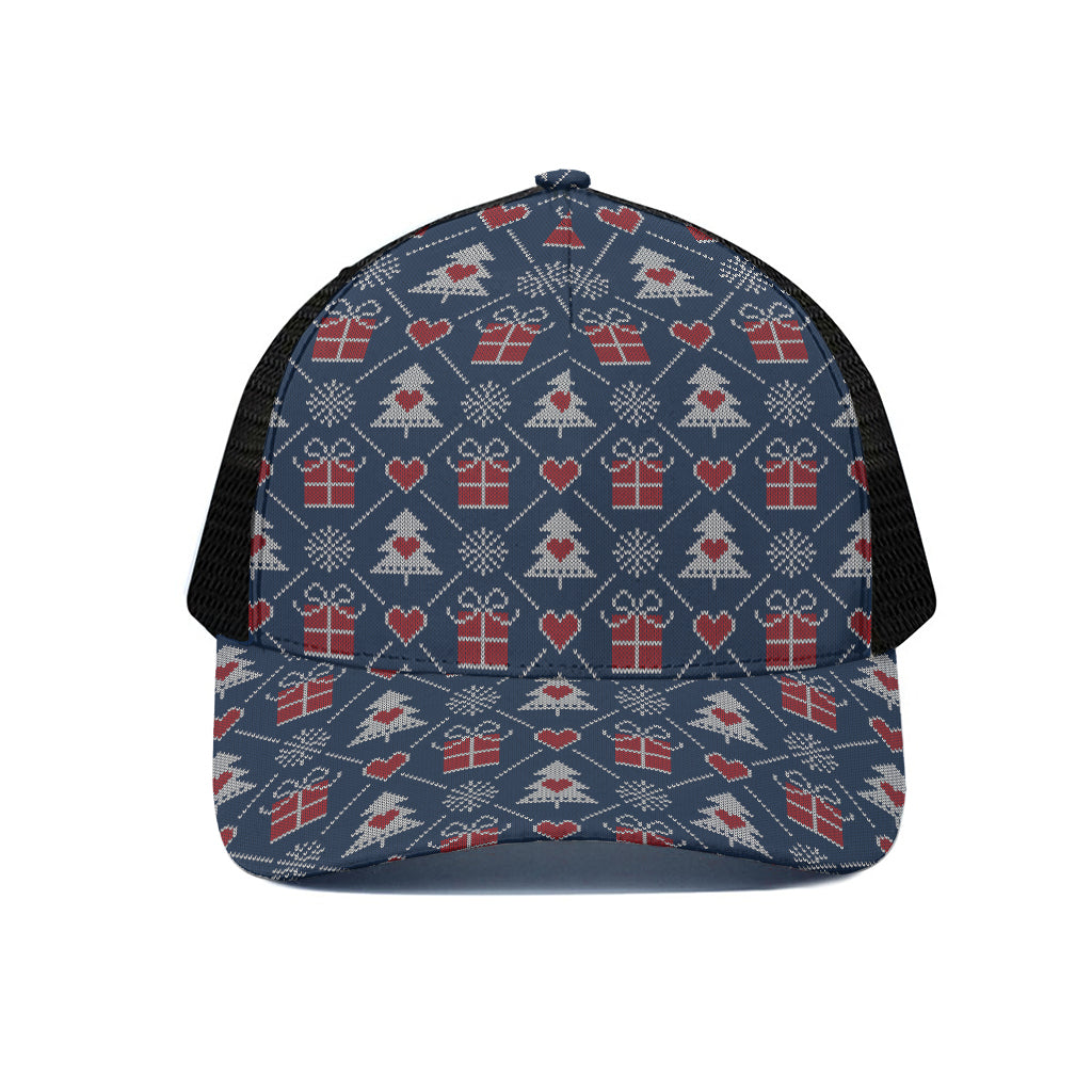 Christmas Gift Knitted Pattern Print Black Mesh Trucker Cap