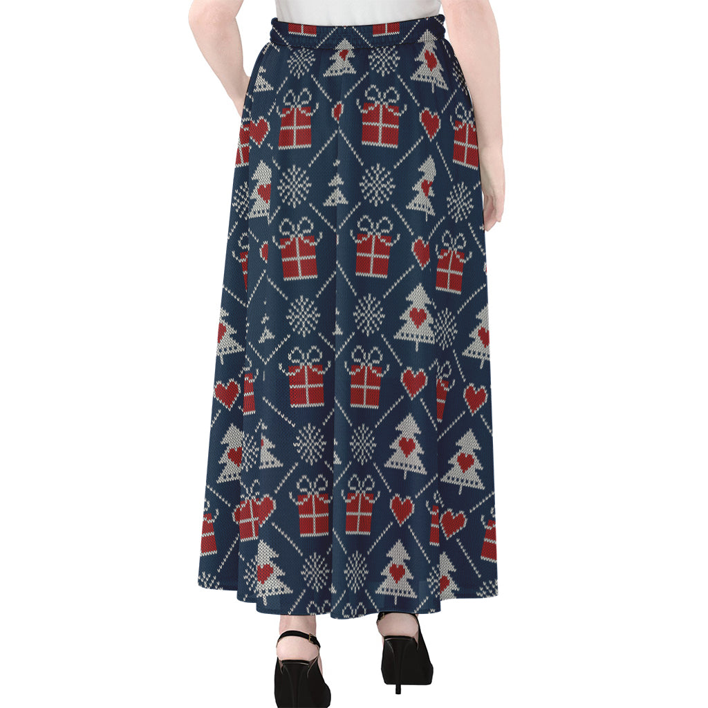 Christmas Gift Knitted Pattern Print Chiffon Maxi Skirt