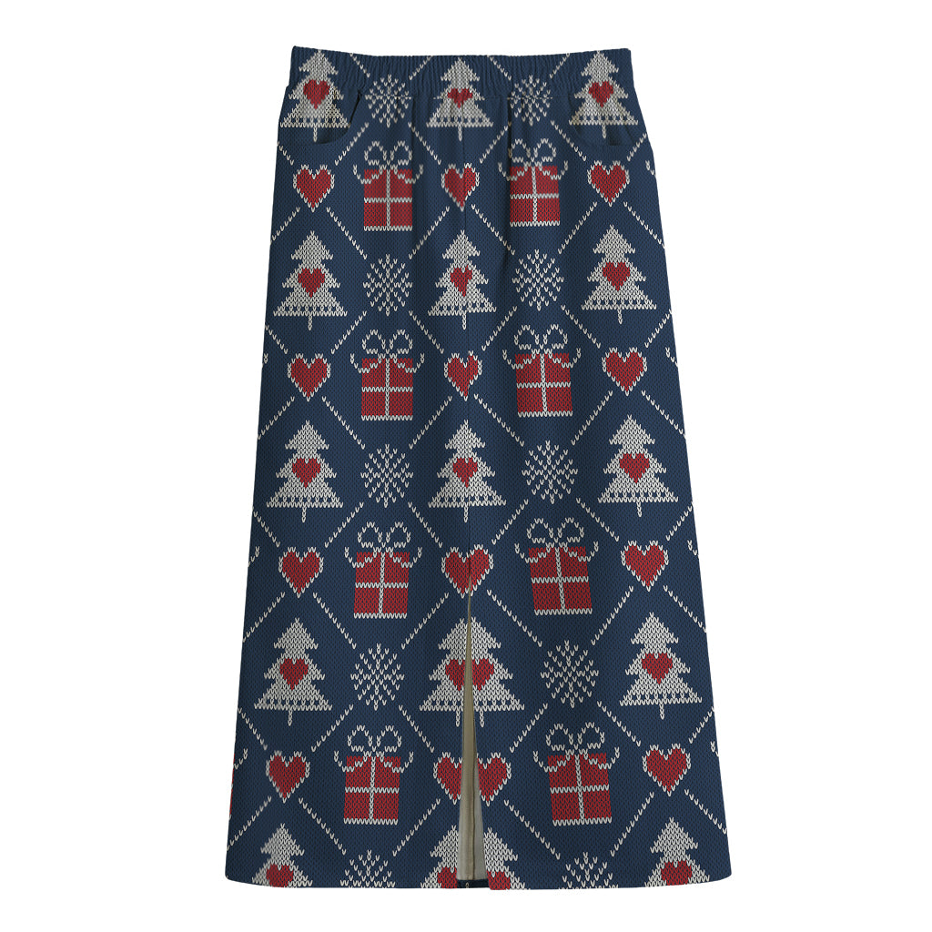 Christmas Gift Knitted Pattern Print Cotton Front Slit Maxi Skirt
