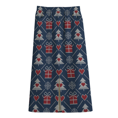 Christmas Gift Knitted Pattern Print Cotton Front Slit Maxi Skirt