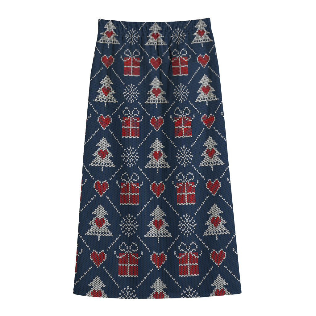 Christmas Gift Knitted Pattern Print Cotton Front Slit Maxi Skirt
