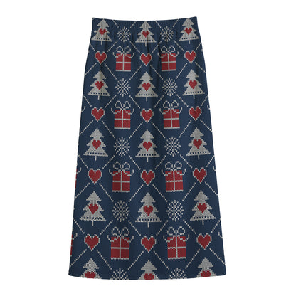 Christmas Gift Knitted Pattern Print Cotton Front Slit Maxi Skirt