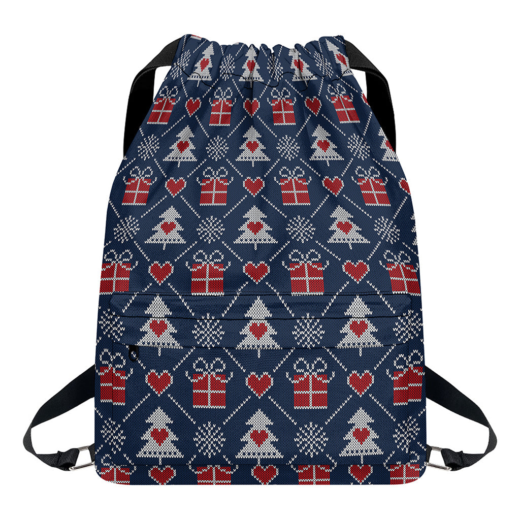 Christmas Gift Knitted Pattern Print Drawstring Backpack