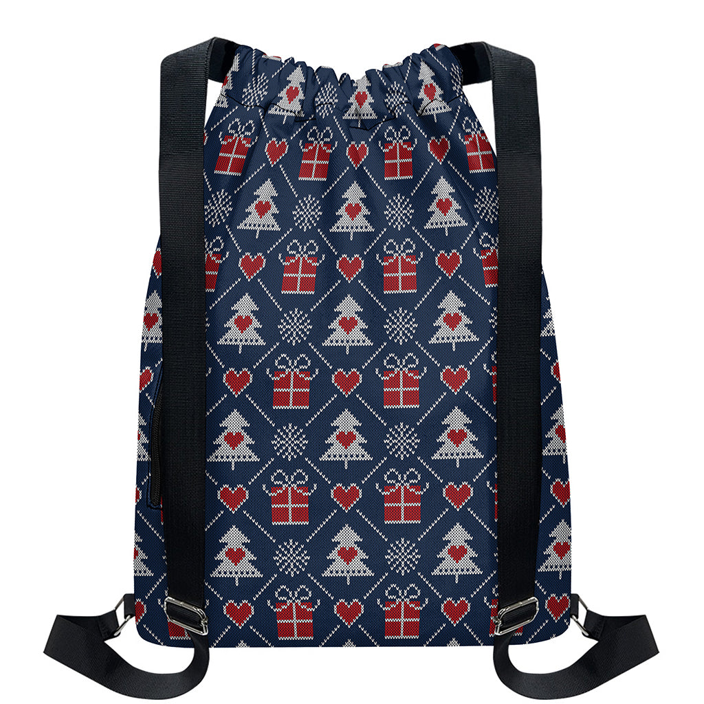Christmas Gift Knitted Pattern Print Drawstring Backpack