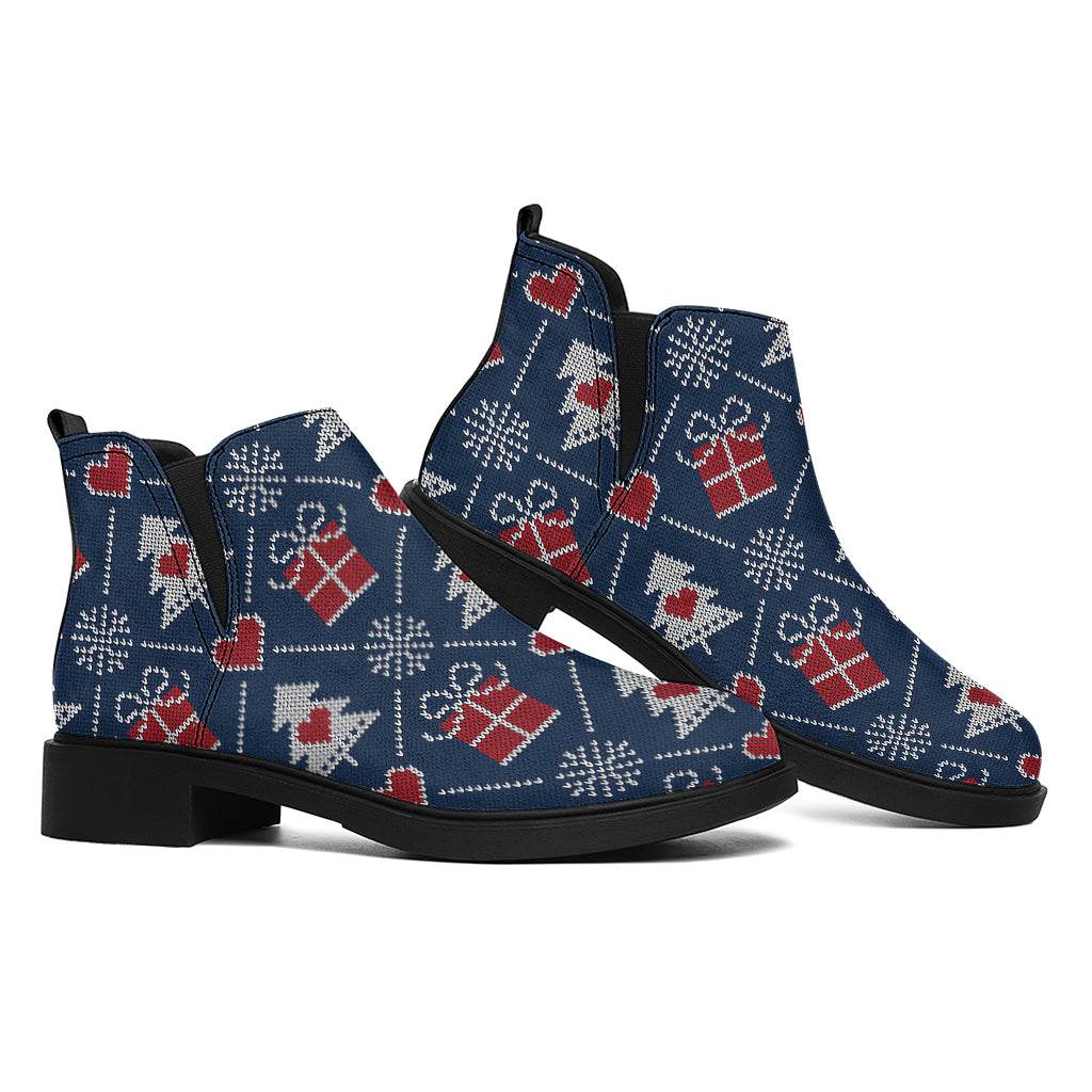 Christmas Gift Knitted Pattern Print Flat Ankle Boots