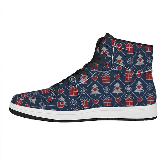 Christmas Gift Knitted Pattern Print High Top Leather Sneakers