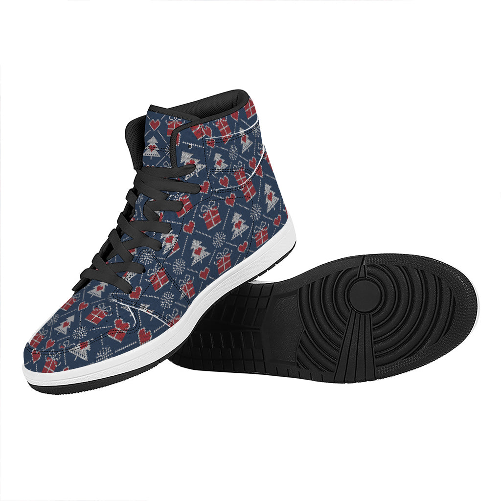 Christmas Gift Knitted Pattern Print High Top Leather Sneakers